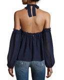 Livey Cold-Shoulder Halter Blouse, Navy