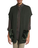 Ribbed Zip-Front Vest w/ Faux Fur Pockets, Vineyard