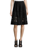Frances Pleated Lace-Paneled A-Line Skirt, Black