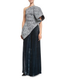 Linear-Jacquard One-Shoulder Top, Black/Gold