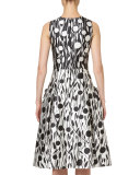 Printed Sleeveless Belted A-Line Dress, Black/White