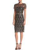 Short-Sleeve Embroidered Cocktail Dress 