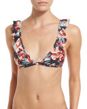 Milos Floral Adriana Ruffle Swim Top, Black