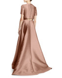 Popover-Bodice Two-Tone Evening Gown, Fawn/Adobe