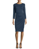 Bracelet-Sleeve Ruched-Skirt Dress, Indigo Blue
