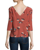 Piala Floral-Print 3/4-Sleeve Silk Top