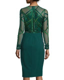 Beaded Long-Sleeve Sheath Dress, Emerald