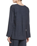 Printed Silk Split-Neck Popover Top, Coastal/Shark