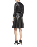 3/4-Sleeve Braided-Trim Leather Jacket, Black