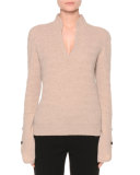 Long-Sleeve Cashmere Keyhole Sweater, Papyrus