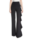 Karlina Ruffle-Trim Wide-Leg Pants, Black