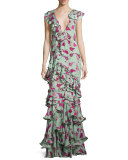 Queen Elizabeth Floral Tiered Gown, Light Teal/Pink