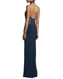 Sleeveless Mock-Neck Combo Gown, Navy