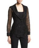Embellished One-Button Macrame Jacket, Black
