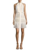 Sleeveless Tie-Neck Pleated Dress, Vanilla
