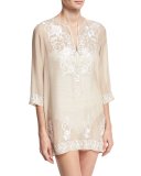 Gigi Embroidered Silk Chiffon Tunic Coverup, Nude