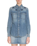 Star-Print Denim Button-Down Shirt, Blue