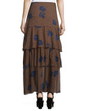 Floral Silk Tiered Maxi Skirt, Coffee