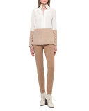 Two-Tone Silk Blouse w/Buttons, Moonstone/Camel