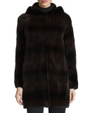 Hooded Horizontal-Mink Fur Coat, Blue Iris