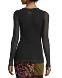 Long-Sleeve Semisheer Crewneck Top, Black