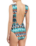 V-Neck Low-Back Maillot One-Piece Swimsuit, Ikat