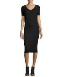 Short-Sleeve Stretch Jersey Henley Midi Dress, Black