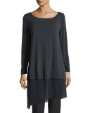 Bateau-Neck Layered Tunic w/ Asymmetric Sheer Hem