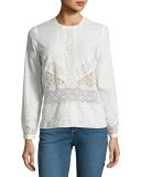 Enzo Mixed Eyelet-Lace Long-Sleeve Top, Ecru