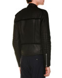 Asymmetrical-Zip Leather Jacket W/Fur Trim, Black