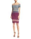 Signature Sequined Illusion Dress, Aqua/Lilac