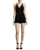 Sequined Velvet Strappy Romper, Black
