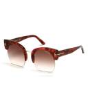 Savannah Semi-Rimless Cropped Round Sunglasses, Brown/Blonde Havana
