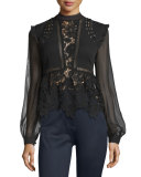 Floral-Lace Long-Sleeve Top, Black