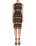 Sleeveless Floral-Embroidered Sheath Dress, Black