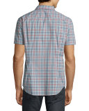 Plaid Short-Sleeve Sport Shirt, Light Blue