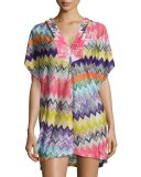 Hooded Zigzag Beach Coverup Dress, Multicolor