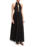 Halter-Neck Lace Gown W/Elephant Necklace, Black