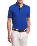 Short-Sleeve Snap-Placket Pique Polo Shirt, Blue