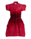 Feather-Embellished Mini Cocktail Dress, Raspberry