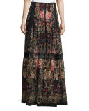 Galaxy Garden-Print Tiered Maxi Skirt, Red/Black