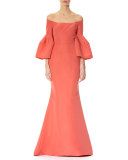 Off-the-Shoulder Bell-Sleeve Mermaid Gown, Pink