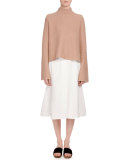 Long-Sleeve Mock-Neck Cropped Sweater, Camel/Off White