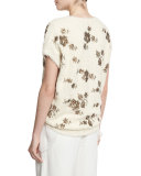 Metallic-Floral Short-Sleeve Sweater, Ivory