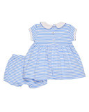 Smocked Striped Jersey Dress w/ Bloomers, Blue, Size 3-24 Months