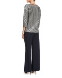 Pintucked 3/4-Sleeve Striped Sweater, Black Multi 