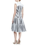Sleeveless Striped Flounce Shirtdress, Black/White