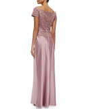Belted Off-the-Shoulder Lace & Satin Gown, Mauve