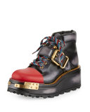 Buckle Leather 60mm Hiking Boot, Black/Scarlet (Nero/Scarlatto)
