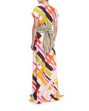 Parioli-Print Coverup Maxi Dress w/Tie, White/Pink Green